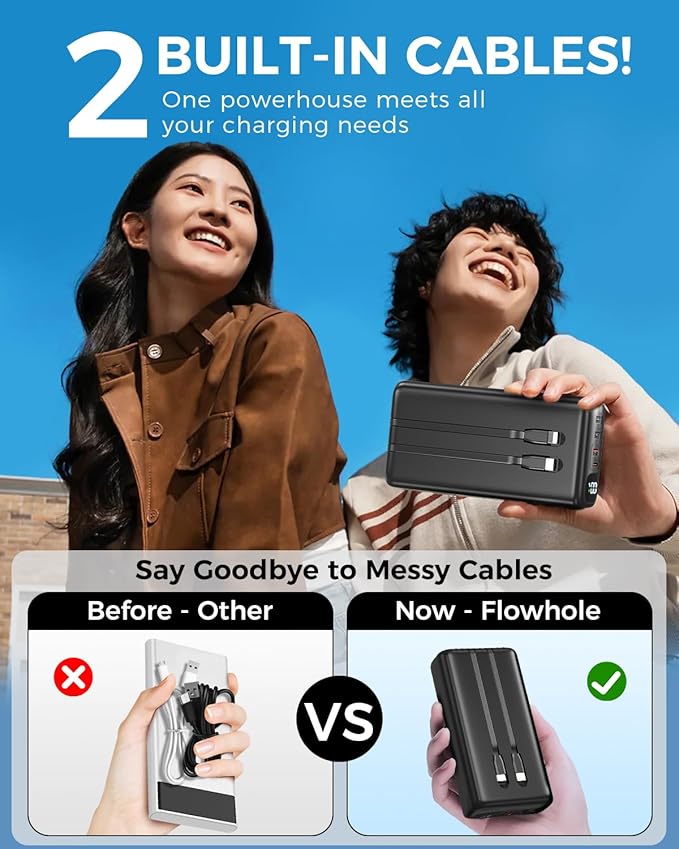 51000mAh Portable Charger with Built-in USB-C & Lightning Cables, 22.5W Fast Charging Power Bank, High Capacity Battery Pack for iPhone, Samsung, Android, Travel, Camping