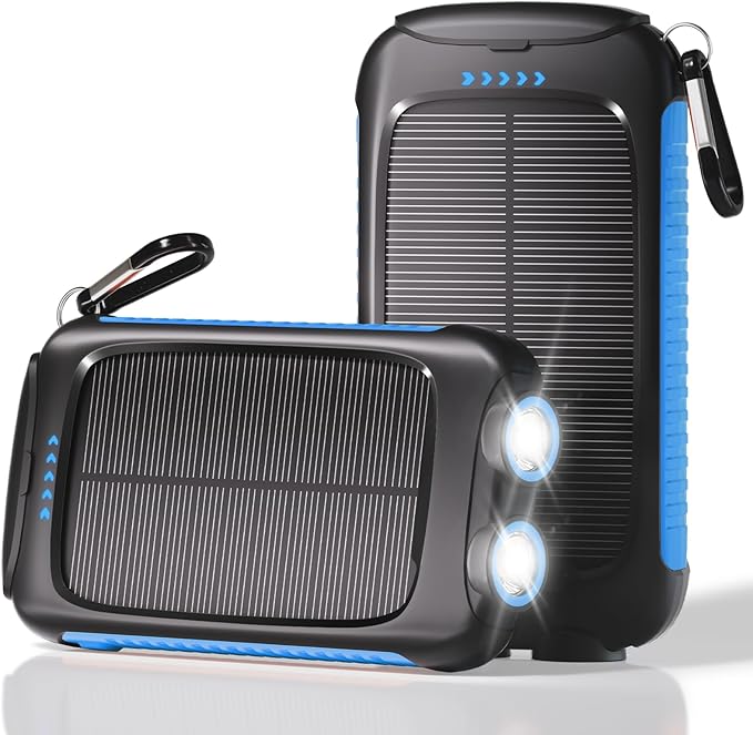 Portable Charger Solar Power Bank 20000mAh with USB-A and USB-C 5V/3A Output Port Blue Battery Pack Compatible with iPhone, Samsung, Waterproof Emergency LED Flashlights Perfect for Camping, Hiking