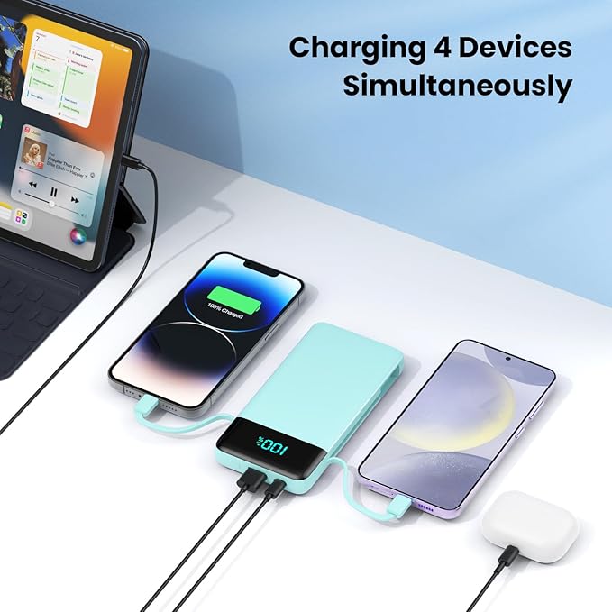 Portable Charger for iPhone with Built-in Cables and Wall Plug,Upgraded 13800mAh Fast Charging USB C Power Bank,4 Outputs Travel Essential Battery Pack for iPhone 17/16/15/14/13,Galaxy,Android-Green