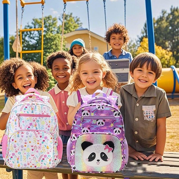 RHCPFOVR Kids Backpack for Girls - Girls Backpack 3-8 Ages Panda for Kids 15 Inch School Bookbag for Kindergarten Elementary School Bookbag for Girl 1st 2nd Grade