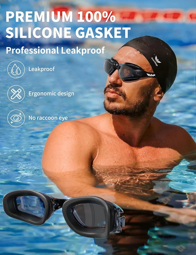 7 in 1 Swim Goggles + Swim Cap for Men Women,No Leak Anti-Fog & UV, Wide Visio HD Mirror PC Lens