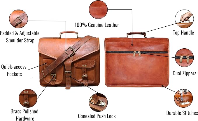 15" leather messenger bag laptop case office briefcase gift for men computer distressed shoulder bag