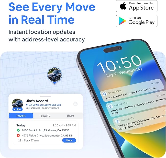 Hidden GPS Tracker for Vehicles - $9/mo with 5 sec Updates - Real Time Car Tracker with Trip History, Driving Alerts, GeoFence for Fleets & Family, Rechargeable Battery (Tracker Only)