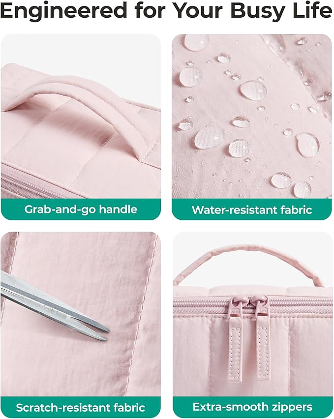 BAGSMART Travel Makeup Bag for Women, Portable Water-resistant Cosmetic Case, Puffy Padded Make Up Organizer Pouch, Open Flat Toiletry Bag for Toiletries, Brushes, Checkred Khaki