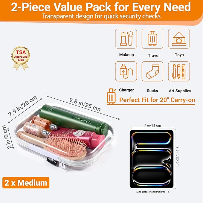 YQBRAO 2-Pack Medium Clear Hard Shell Zipper Case White, 1.2mm Heavy-Duty Crush-Proof Makeup Bag, Versatile Diaper Bag Organizer Pouches, Rigid Clear Zipper Pouches for Toiletries, Tech & Daily Carry