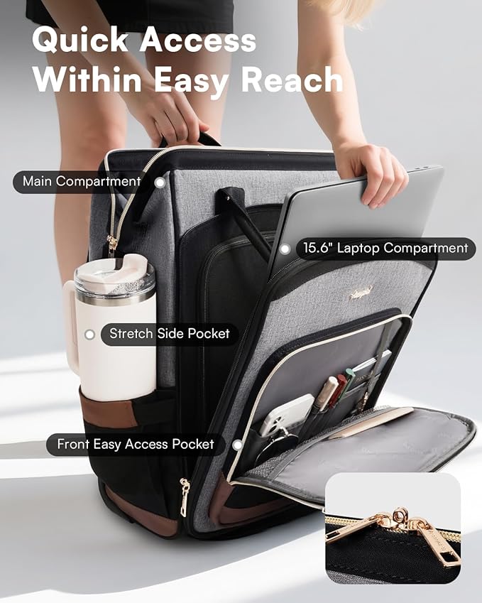 Rolling Backpack for Women, Travel Backpack with Wheels, Vertical Storage Wheeled Laptop Backpack, Underseat Carry on Luggage for College Business Work, Stylish Rolling Laptop Bag, Grey Brown