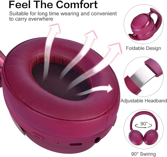 B8 Bluetooth Headphones Over Ear, 6 EQ Music Modes and 50H Playtime Deep Bass Wireless Headphones with Mic, Lightweight Folding HiFi Stereo Headset for iPad/Travel/Tablet/PC/Home Red