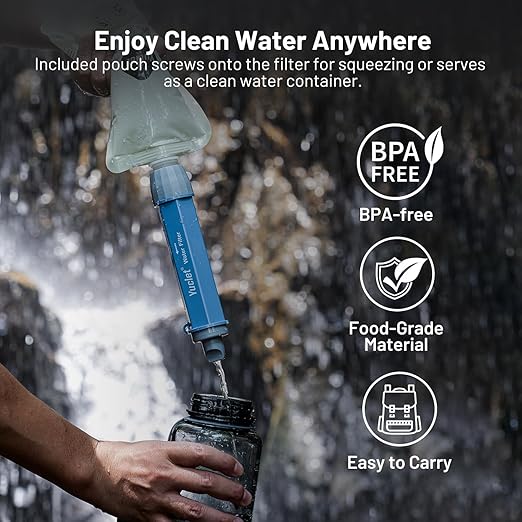 Yuclet Squeeze Water Filtration System with Four 34-Oz Squeezable Pouches and 0.1 Micron Filter Straw, Portable Water Purifier Survival for Backpacking, Camping, Hiking and Emergency Preparedness