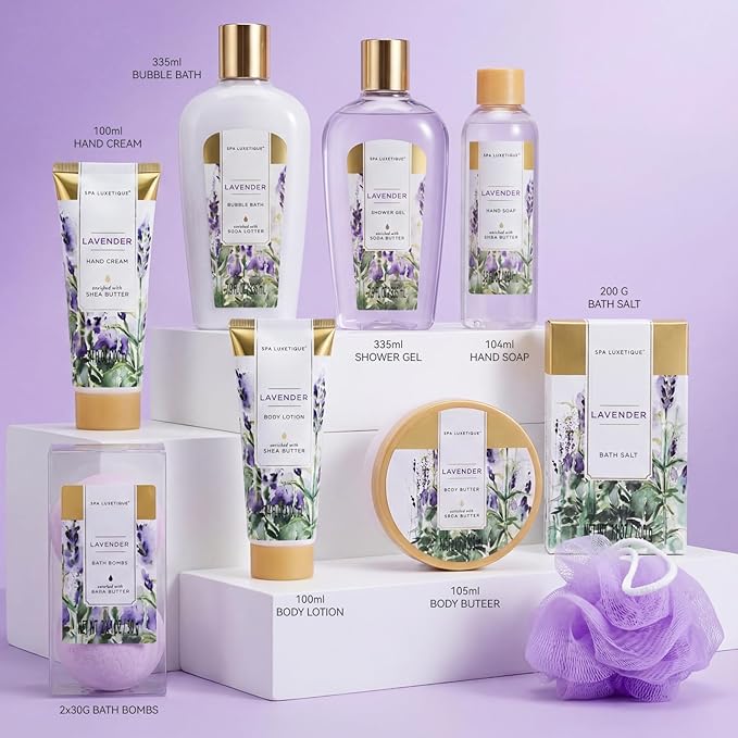 Spa Luxetique Gift Baskets for Women, Spa Gifts for Women - 10pcs Lavender Bath and Body Sets with Body Lotion, Bubble Bath, Relaxing Spa Sets, Birthday Mothers Day Gifts for Mom