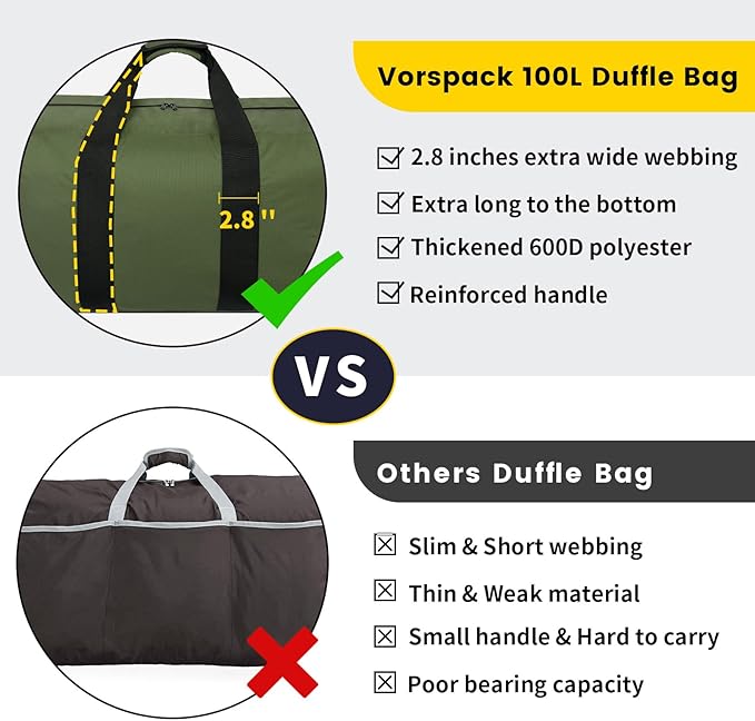 Vorspack Extra Large Duffle Bag for Travel - 200L Duffel Bag for Men Gear Bag for Storage Foldable Weekender Bag for Overnight Camping - Green