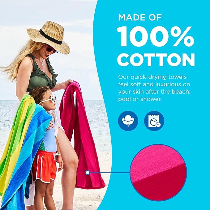 Kaufman - Soft Oversized Beach Towels in Bulk | 30" x 60" Velour Striped Beach Towel | Absorbent, Quick-Drying | 100% Cotton Thick Beach Towels (480)