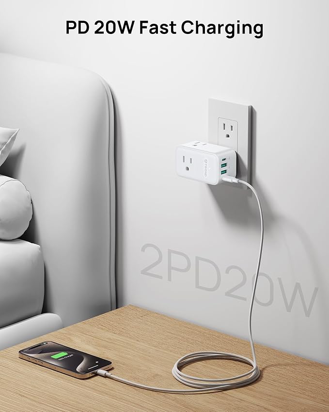 TROND Multi Plug Outlet Extender 2 Pack, 3 Way Outlet Splitter with 360 Rotating Plug, PD 20W USB C Charger Station, Sideways Adapter for Kitchen Bathroom Cruise Ship Travel Essentials