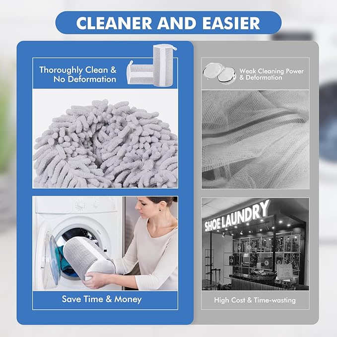 Teletrogy Shoe Laundry Bags for Washing Machine, Reusable Laundry Shoe Bag for Washer and Dryer, Fluffy Fibers 360° Wrap Around Cleaning, Adjustable Protective Shoe Trees - Home Dorm Travel, Gray