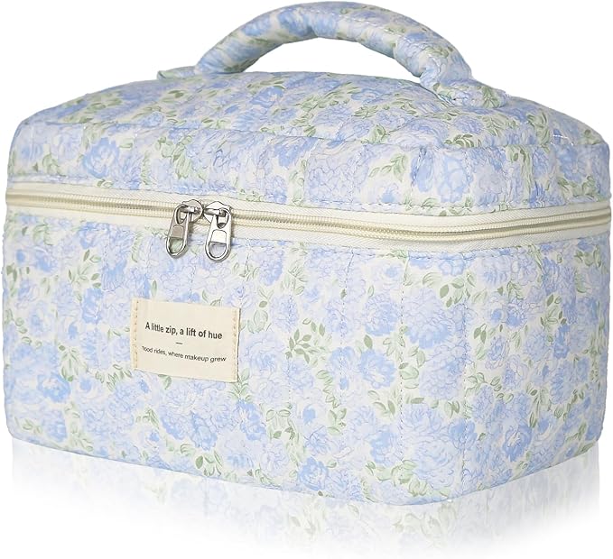 Gosect 1pc Large Makeup Bag, Cute Cosmetic Bag for Women Girls, Floral Coquette Aesthetic Toiletry Bag, Travel Make Up Organizer Bag (Green Leaves Blue Flowers)