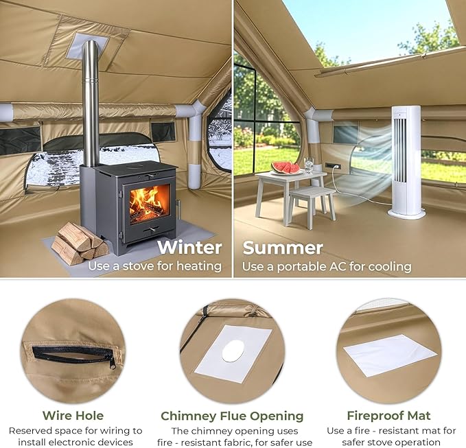 VINGLI Inflatable Camping Tent, All-Weather Inflatable Hot Tents with Stove Jack, Blow Up Tent for Camping with Mesh Doors & Windows, Inflatable Air Tents for Camping Adult