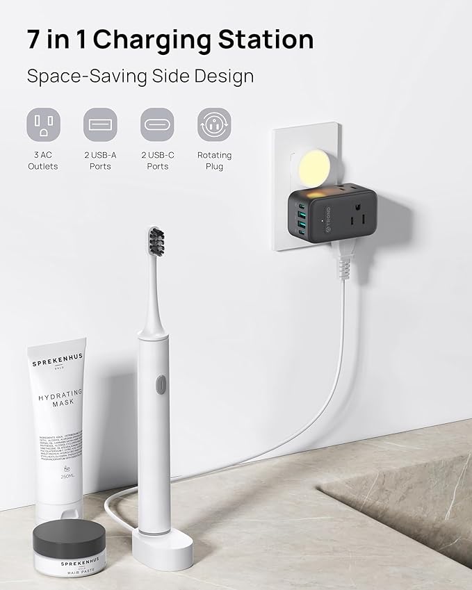 TROND Multi Plug Outlet Extender, 3 AC Outlet Adapter with 360 Rotating Plug, Black Power Splitter with PD 20W USB C Charger, A Compact Solution to Home Dorm Room Travel Cruise Essentials