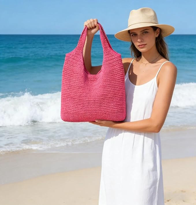 Hand-woven Soft Large Straw Shoulder Bag Boho Straw Handle Tote Retro Summer Beach Bag Rattan Handbag