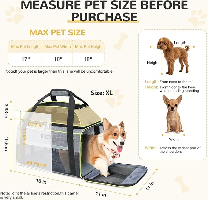 Lekereise Top-Expandable Pet Carrier 18x11x11Inch Delta American United Airline Approved Soft Sided Underseat to 15lbs Travel Carriers for Small Dogs Cats with Locking Safety Zippers Anti-Scratch Mesh