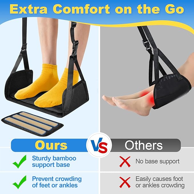 Airplane Foot Hammock for Plane Travel, Detachable Bamboo Airplane Foot Rest for Long Flight, Desk Foot Hammock with Extended Adjustable Strap to Relax Your Feet, Foot Sling Travel Essentials