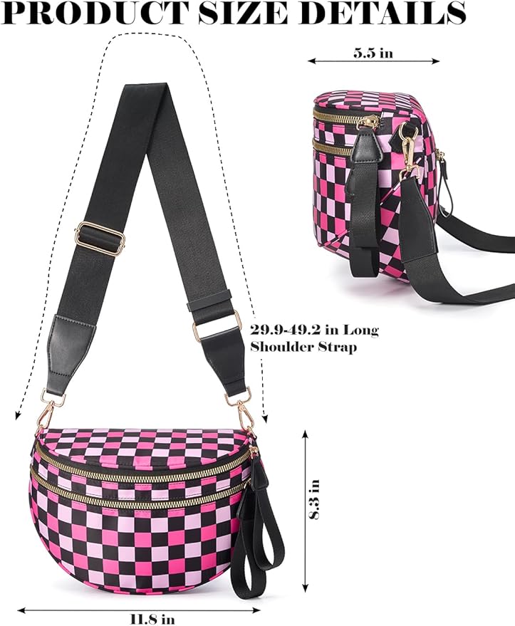 Black and White Checkered Crossbody Bag Bum Bag for Women,Spacious Checkered Purse Fanny Packs Belt Bag