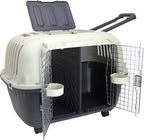 SportPet Airline Compliant 2-Door Large 34.5" Travel Dog Kennel - Durable Plastic Pet Carrier w/Divider, Wheels, & Bowls, Collapsible Indoor/Outdoor Dog Kennel, Dogs up to 28" L & 20" H - Cream/Gray