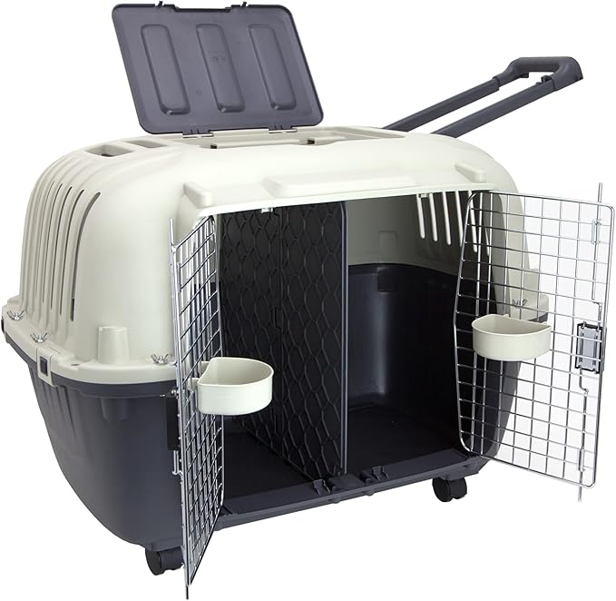SportPet Airline Compliant 2-Door Large 34.5" Travel Dog Kennel - Durable Plastic Pet Carrier w/Divider, Wheels, & Bowls, Collapsible Indoor/Outdoor Dog Kennel, Dogs up to 28" L & 20" H - Cream/Gray