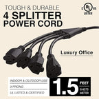 4 Way Power Splitter - Pack of 5: 1 to 4 Plug Power Strip, 1.5' Cord, 3 Prong Outlet, Black, SJT 16 AWG, UL Listed