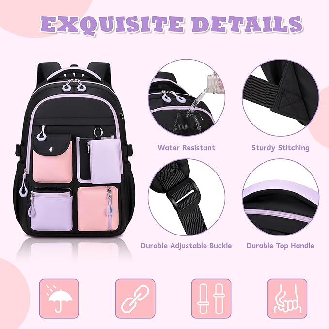 Kids Backpack, Backpack for Girls for Elementary School Multiple Pockets Ages 6-10(Black)