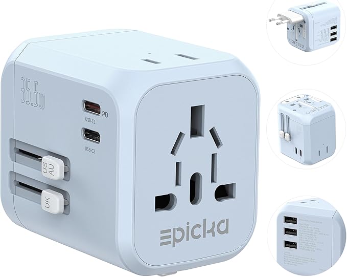 EPICKA 35W Universal Travel Adapter with 2 AC Outlet, European Travel Plug Adapter with PD Fast Charging, 6-Port (2 AC/2 USB-C/3 USB-A) International Power Adapter - Travel Essentials (TA-205, Blue)
