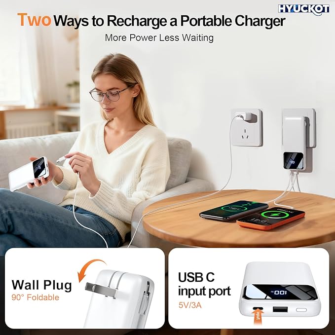Portable Charger Power Bank with Built-in Cables and Wall Plug, 10000mAh Slim USB-C Battery Pack, Fast Charging Travel Essential Portable Phone Charger Compatible with iPhone, Samsung (Snow)