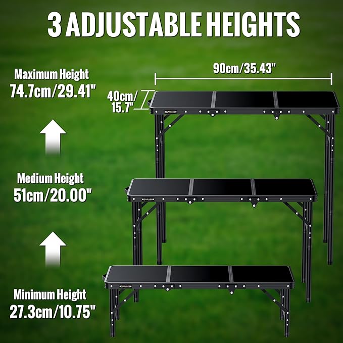 GARLLEN Folding Camping Table, 3 Adjustable Height Lightweight Folding Picnic Table, Aluminum Portable Foldable Outdoor Table for Grill, Camping, Grill, Threaded Install, 35.4" L x 15.7" W, Black