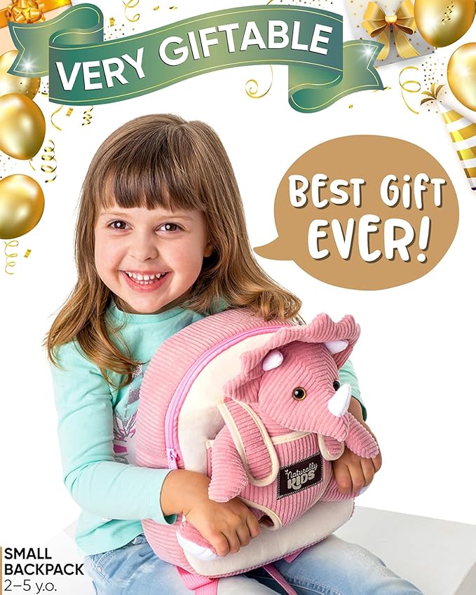 Naturally KIDS Pink Triceratops Toy, Triceratops Stuffed Animal for 2 3 4 5 Year Old Girl, Stuffed Dinosaur for Girls, Pink Toddler Backpack
