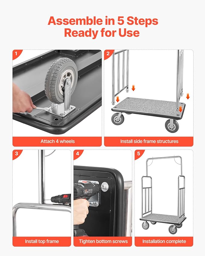 VEVOR Hotel Luggage Cart, Brushed Stainless Steel Finish Bellman's Cart, 1200 LBS Valet Cart with Grey Carpeted Deck and 8-inch Rubber Wheels, Ideal for Hotels, Condos, Resorts, Silver