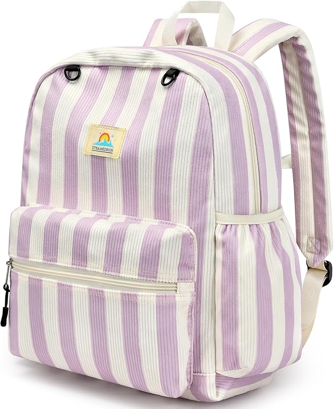 STEAMEDBUN Corduroy Kids Backpack for Girls and Boys 5-8: Girls Backpack for Elementary Kindergarten - 15 inch Cute Backpacks for Kids - Stripe