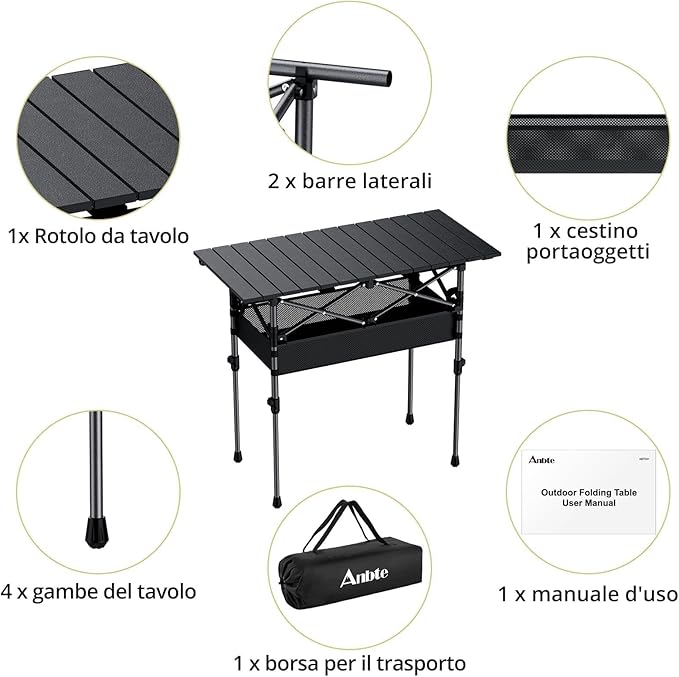 Anbte 3ft Aluminum Roll Top Camping Table Max 27.5", 2 Adjustable Height Folding Camping Table Waterproof with Storage Net and Bag for BBQ Picnic Tailgating Backyard RV Travel, 32.2” x 16”, Pure Black