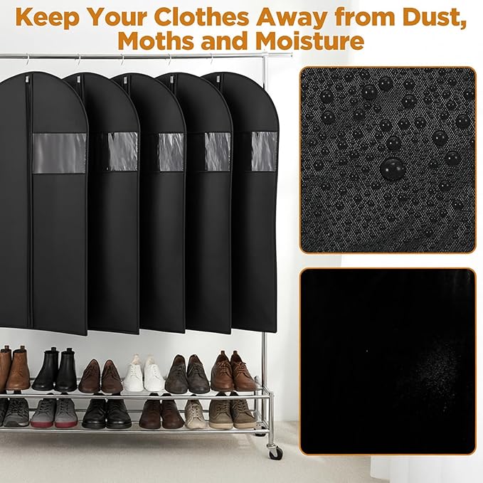 8 Pack Garment Bags for Hanging Clothes, 40 inch Washable Suit Bags for Closet Storage and Travel with Clear Window, Garment Bag for Travel and Storage, Black