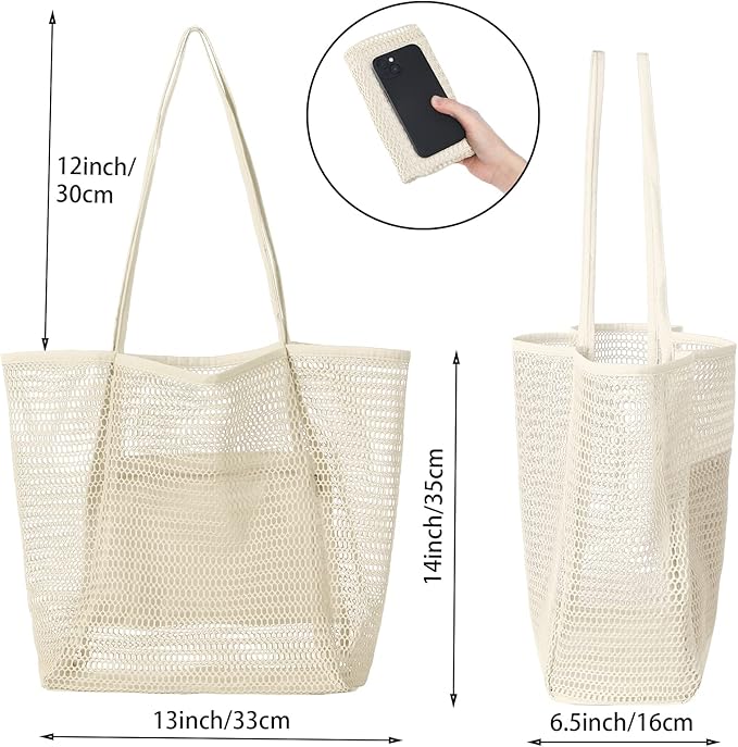 Iioscre Beach Bag for Women, Causal Hobo Pool Bags with Zipper Inner Pocket, Foldable Swim Tote Bag for Vacation Essentials