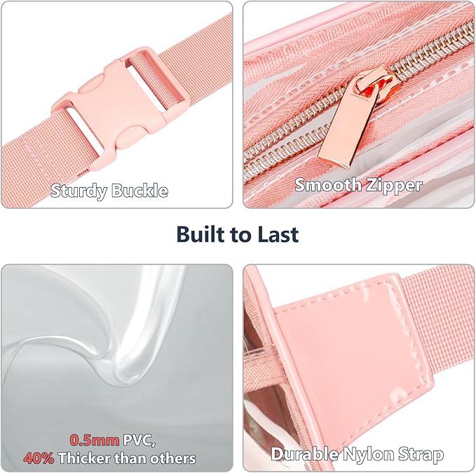 Packism Clear Fanny Pack Stadium Approved - Plus Size 35-51 inches Adjustable Strap Clear Belt Bag for Women Men Transparent Waist Bag for Concerts, Sporting Events, Pink