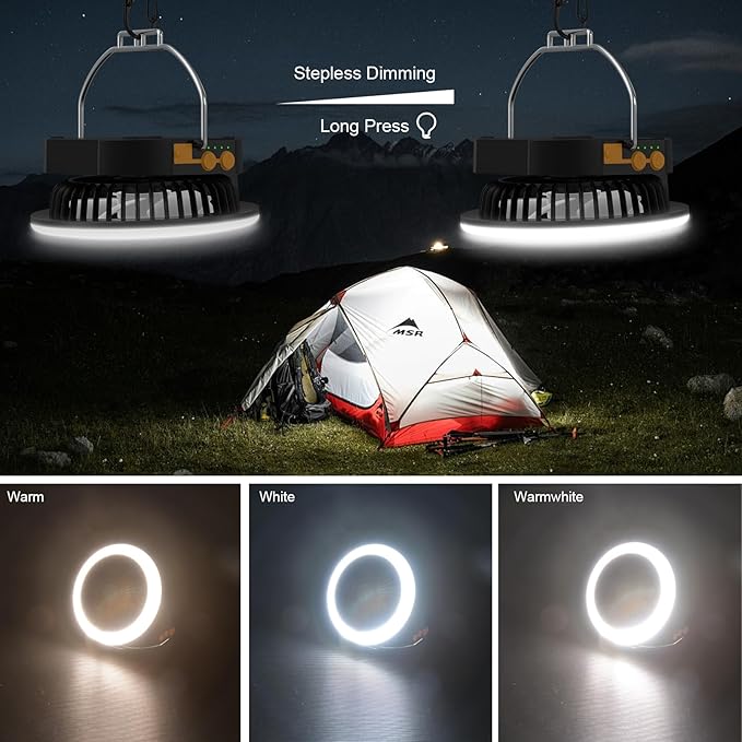 iodoo Camping Fan Light with Remote and Portable Carrying Bag - 12000mAh Rechargeable Battery, 24H Run Time, 2000LM, 3 Light Modes & Stepless Dimming, Ultra - Quiet Table Fan Baby Fan
