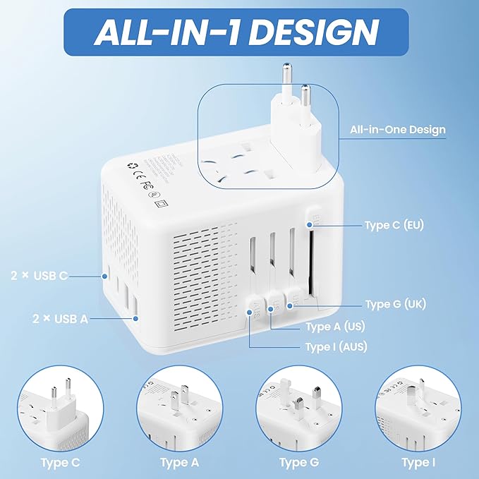 Power Converter Adapter Combo, Specially for Hair Dryers, 220v to 110v Voltage Converter with AC Socket, 2 USB C & 2 USB A Ports, Compact Voltage Converter US to Europe (White)