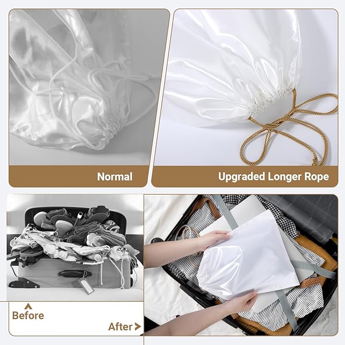 Ewen 3 Pack Satin Drawstring Dustbags for Handbags with Tags, Small Medium Large Dustproof Travel Essentials Organizers, Packing Bag Set for Closet Home Storage Jewelry Shoes Purse Organization, White