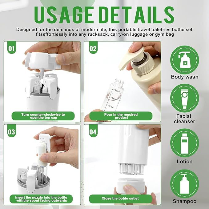 4 in 1 Travel Dispenser Bottle,Leak Proof Refillable Bottles Store Shampoo, Lotion and More,Transparent with Scale, Easy Squeeze Use, Lightweight & Portable Perfect for Travel,Gym,Camping (Green)