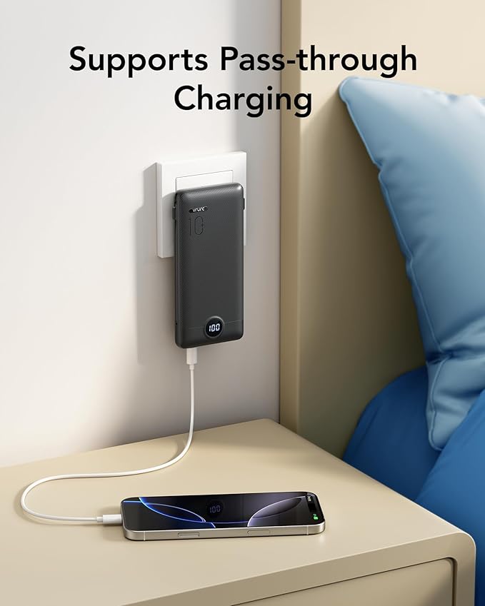 VRURC Portable Charger Power Bank - 10000mAh Fast Charging PD 20W with Wall Plug Slim Portable Charger Built in Cables USB C Portable Phone Charger Travel Accessories -Black(1 Pack)