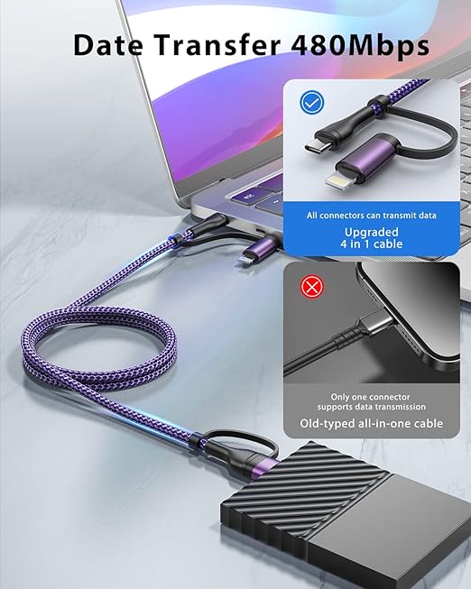 4 in 1 Charging Cable 60W 6FT Apple MFi Certified USB C to Lightning Cable Nylon Braided Multi iPhone Charger Cord USB C Cable for iPhone 17 16 15 14 Pro/Max/iPad/Samsung/MacBook/Carplay