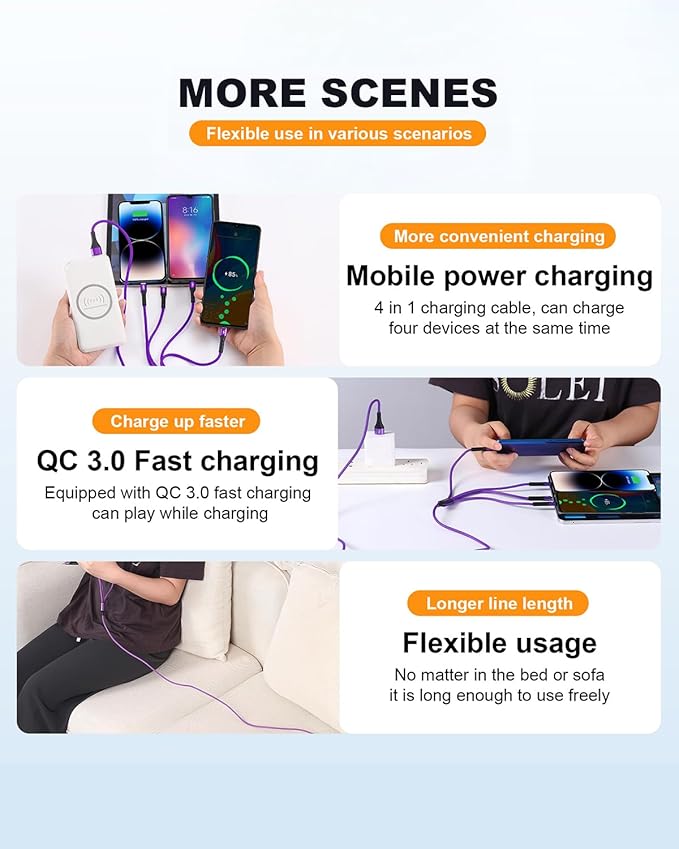 SIQIWO Multi USB C Cable Fast Charging, [4FT/2 Pack] QC 3.0(3A) USB C Splitter Cable, 4 in 1 Charger Cord with 4 Type C Ports, for iPhone 17/16/15 Series, iPad Air/Pro, Samsung Galaxy S26, Pixel, PS5