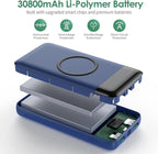 Wireless Portable Charger 30,800mAh,15W Wireless Charging USB C Power Bank,25W PD QC 4.0 Fast Charging 4 Outputs Travel Essentials Battery Pack Compatible with iPhone 17/16/15/14,Galaxy,Android-Blue