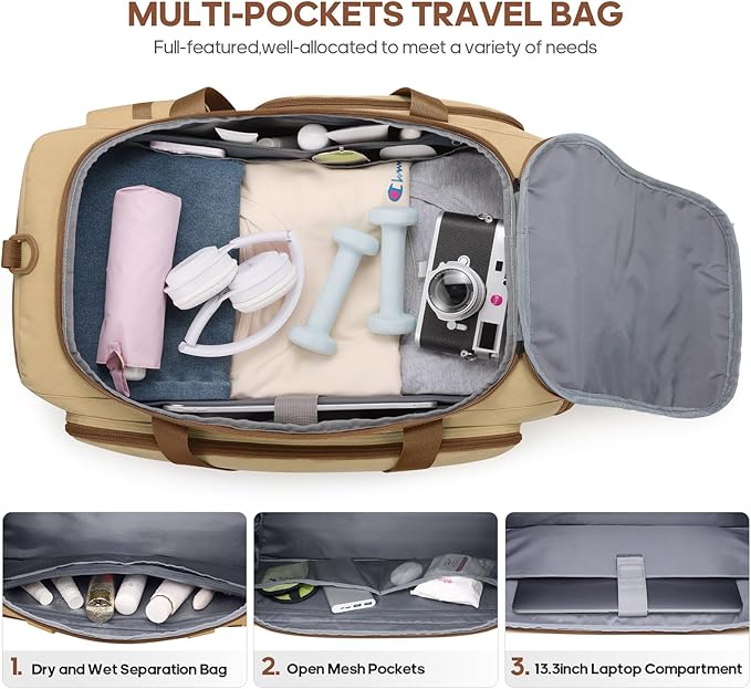 Gym Bag for Men and Women with Shoe & Laptop Compartment, 3-in-1 Sports Travel Duffel Bag Anti-Theft Weekender Carry-on Backpack for Airplane & Workout, Overnight Travel Bag, 35L, Khaki, Medium