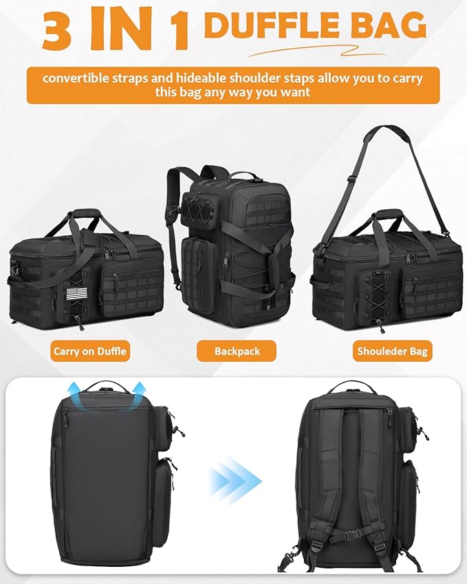 65L Gym Bags for Men, 3 in 1 Travel Duffle Bag with Shoe Compartment, Tactical Military Backpack for Overnight Weekender Gym Traveling Workout Deployment