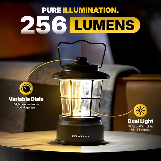 LUXPRO Retro LED Lantern - Battery-Powered Emergency Lantern - Water Resistant - Bright LED Lamp for Indoor & Outdoor Use - Use for Tents, Hiking or Hurricane Prep (Black, Pack of 1)