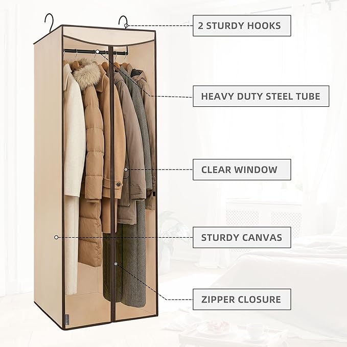STORAGE MANIAC 57" Long Garment Bags for Hanging Clothes Garment Cover for Closet Storage, Large Hanging Garment Bag for Dresses, Suits, Coats, Zipper Cover with Sealed Clear Window, Beige 2 Pack